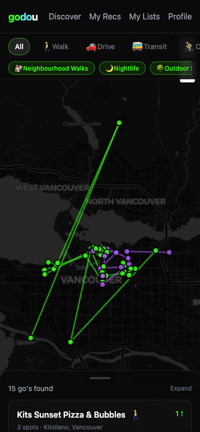 GoDoU discover map showing route lines across Vancouver with preference filter chips and go type toggles